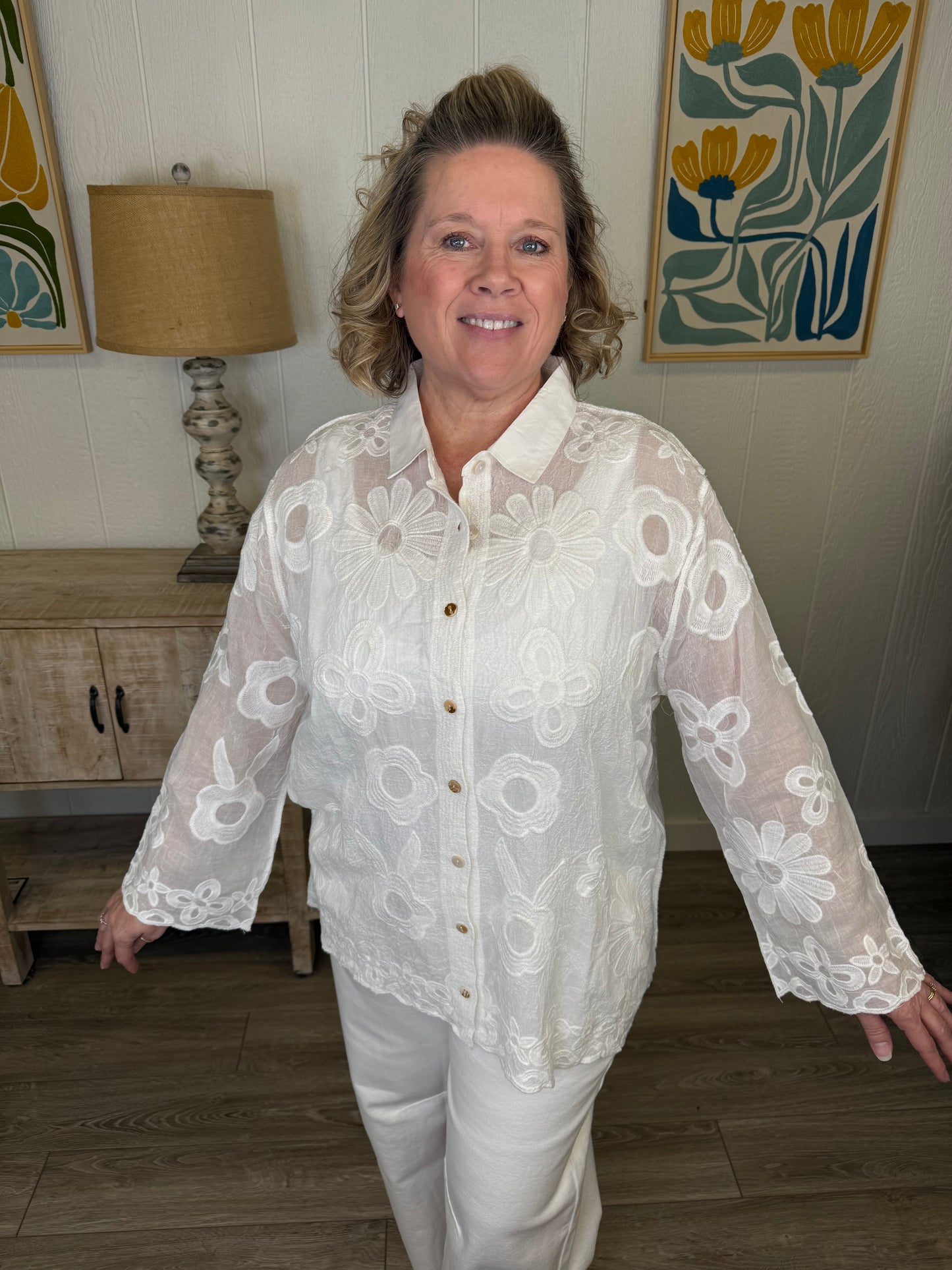 Ivory Bloom Button-Down Blouse