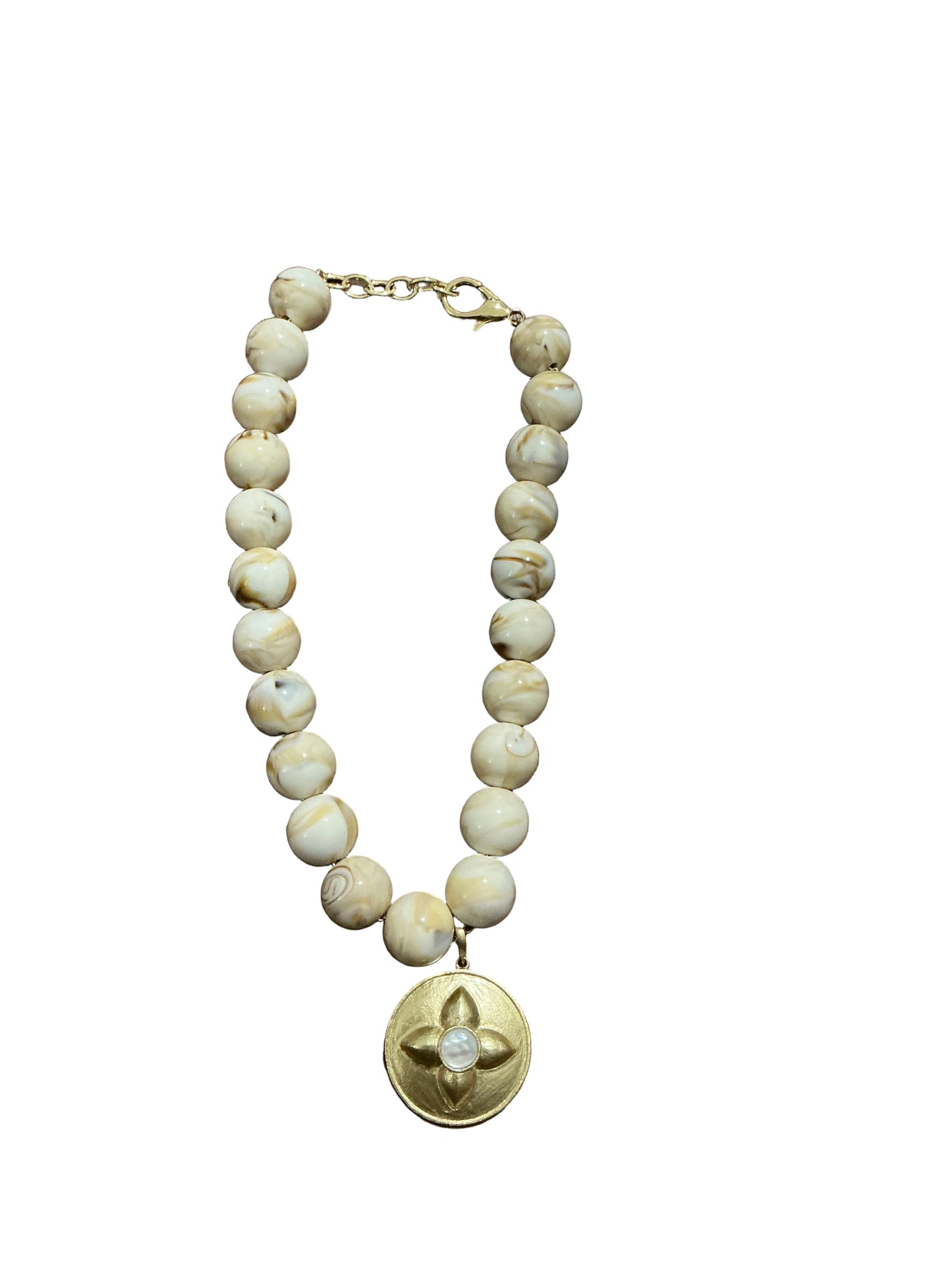 LARGE CREAM & BROWN BEADED NECKLACE W/PENDANT