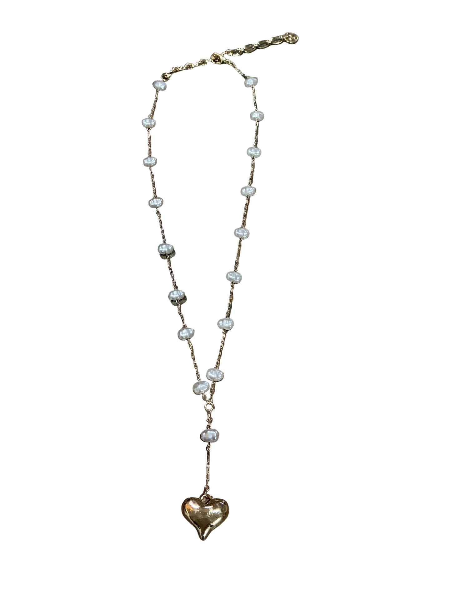 PEARL LARIAT NECKLACE W/PUFFY HEART PENDANT