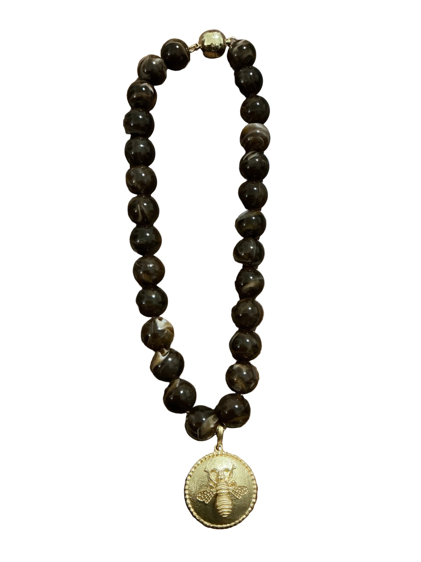 LARGE BROWN BEADED NECKLACE W/GOLD BEE PENDANT