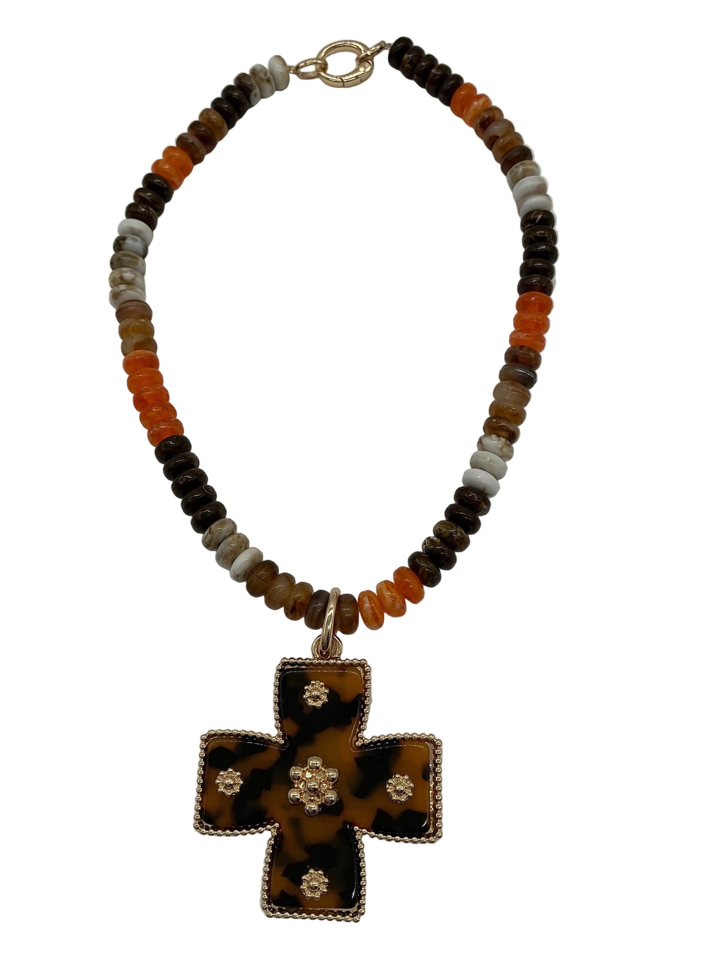 BROWN/ORANGE BEADED W/CROSS CHARM NECKLACE