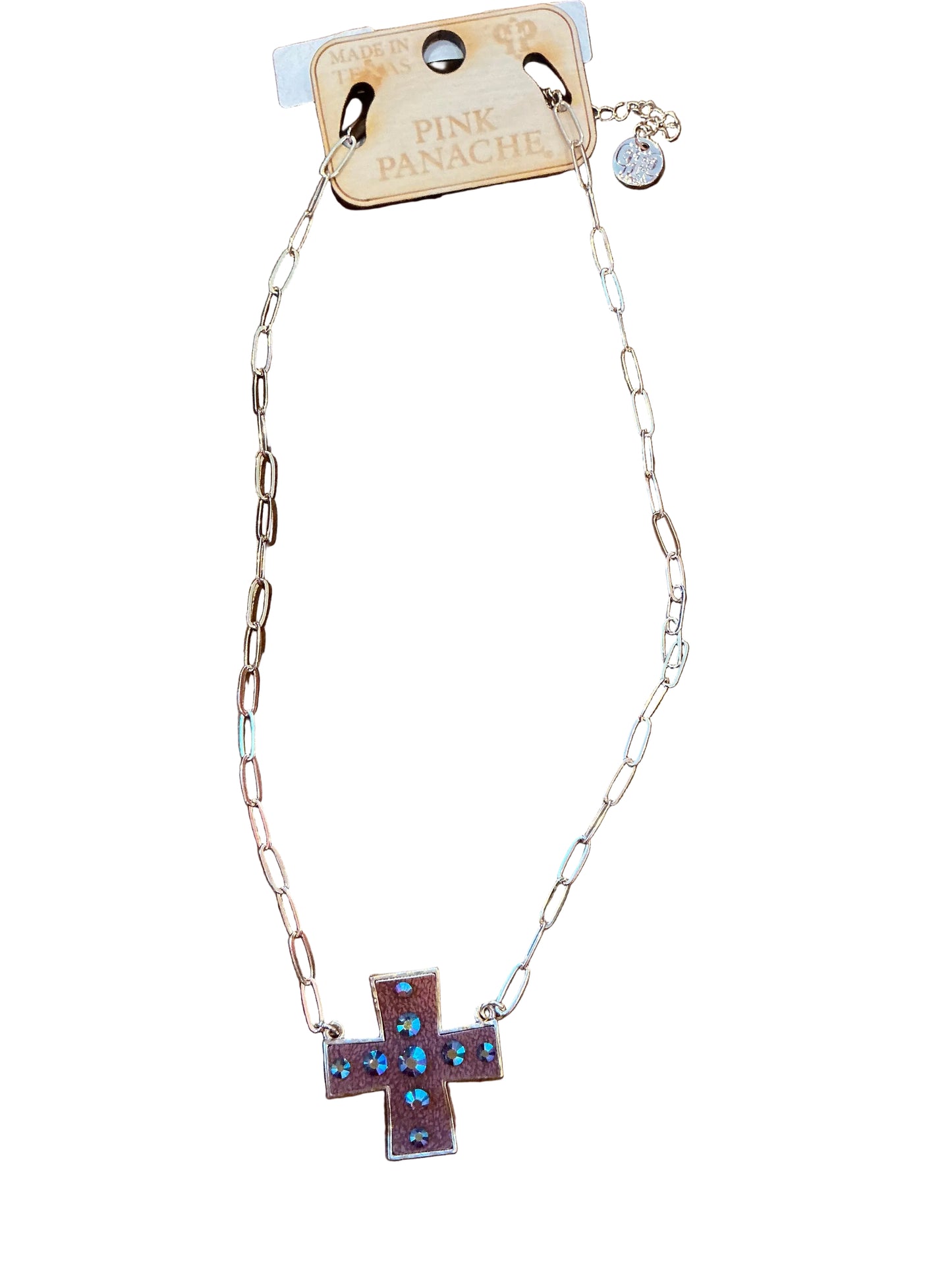 GOLD CROSS W/BLUE IRIDESCENT STONE