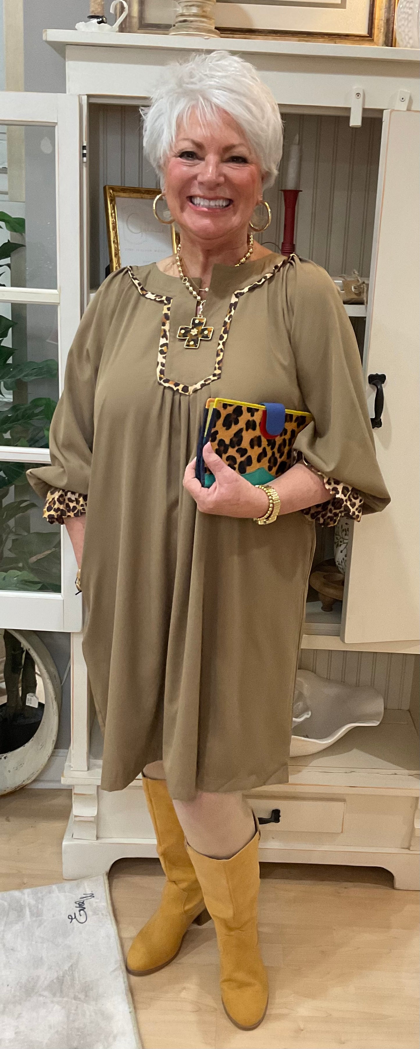 Taupe Sleeve Animal Print Detail Dress