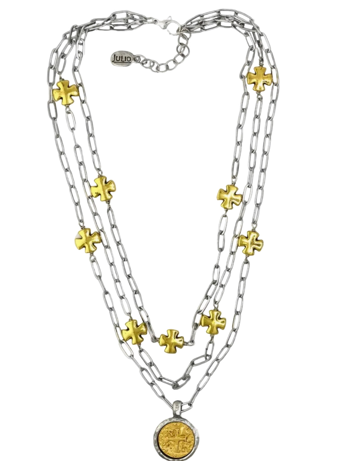 Opelika Multi Strand Cross and Paperclip Chain Necklace