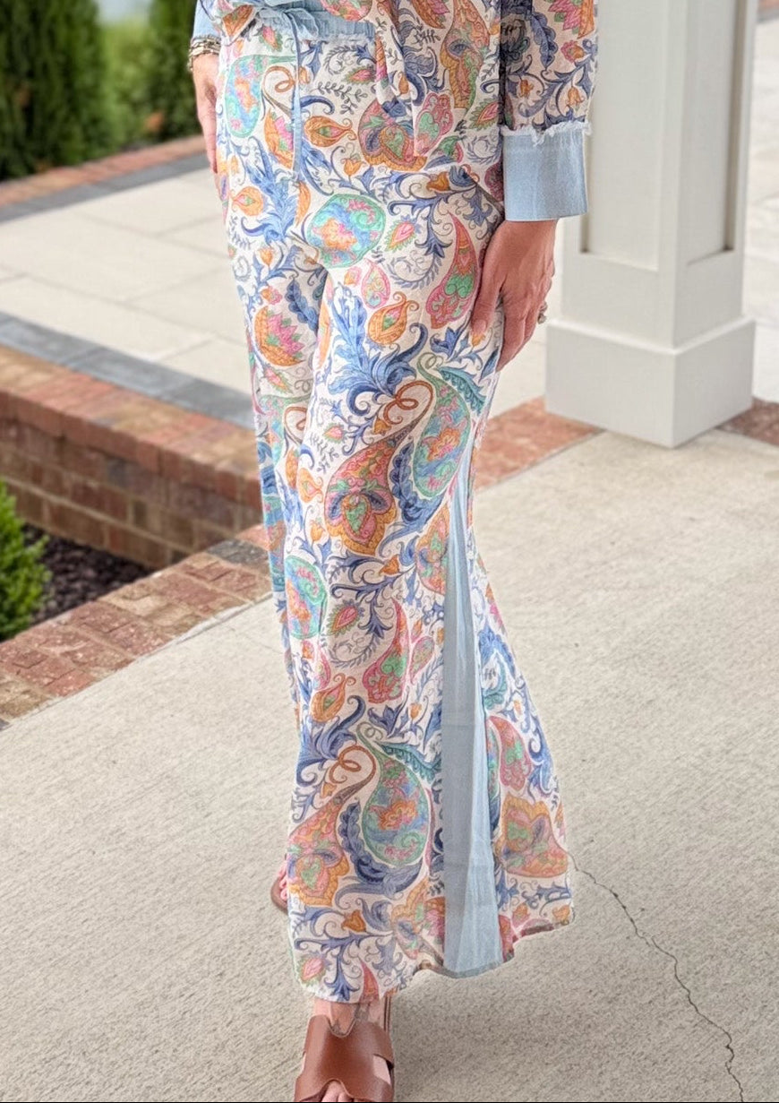 Blue Paisley Tie Flare Pants