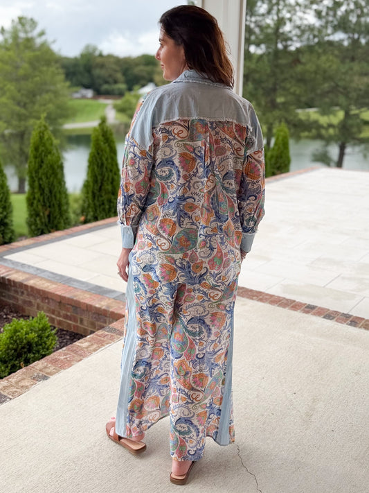 Blue Paisley Tie Flare Pants