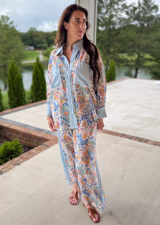 Blue Paisley Tie Flare Pants