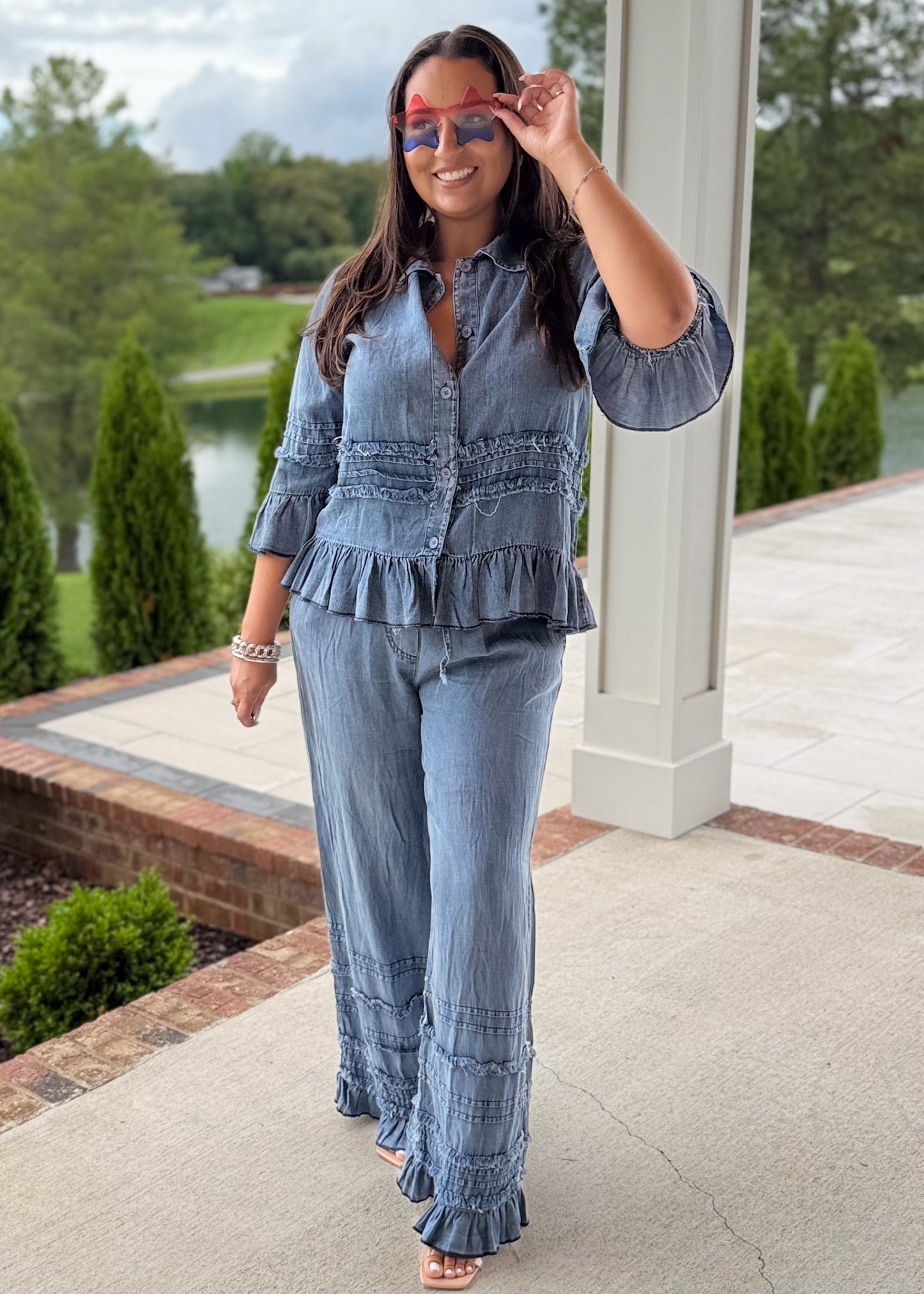 Ruffled Chambray Button-Up