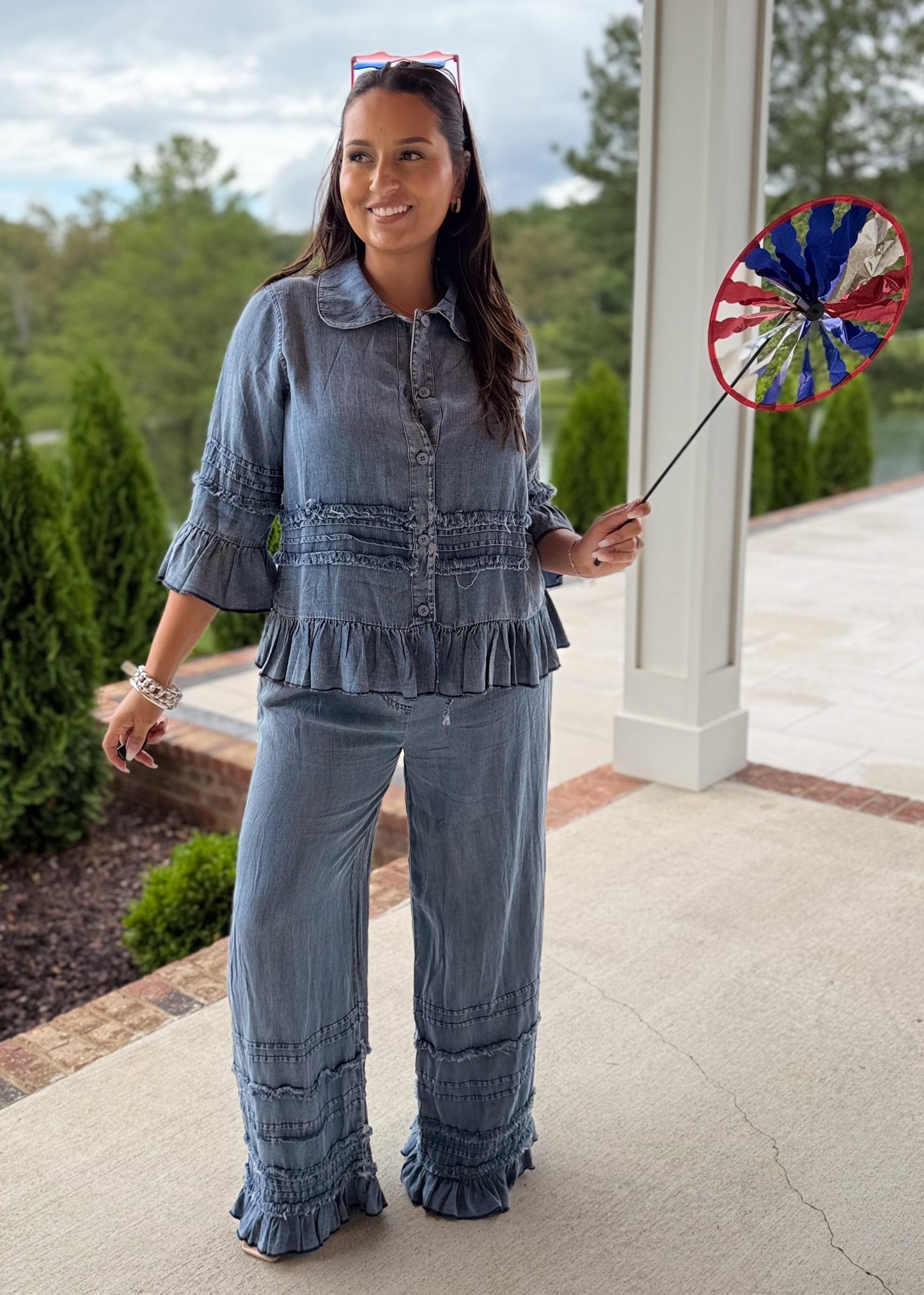 Ruffled Chambray Button-Up