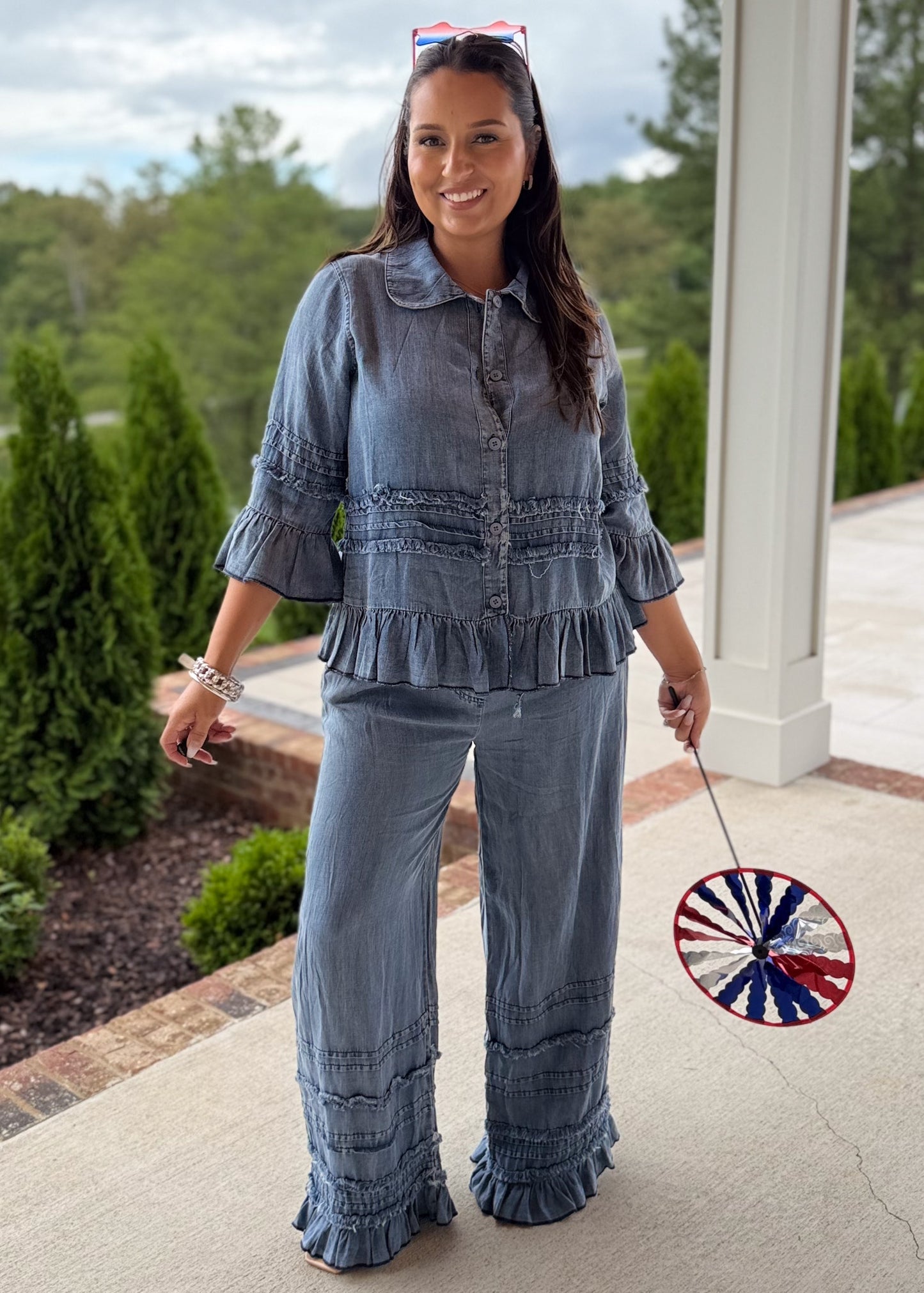 Ruffled Chambray Pants