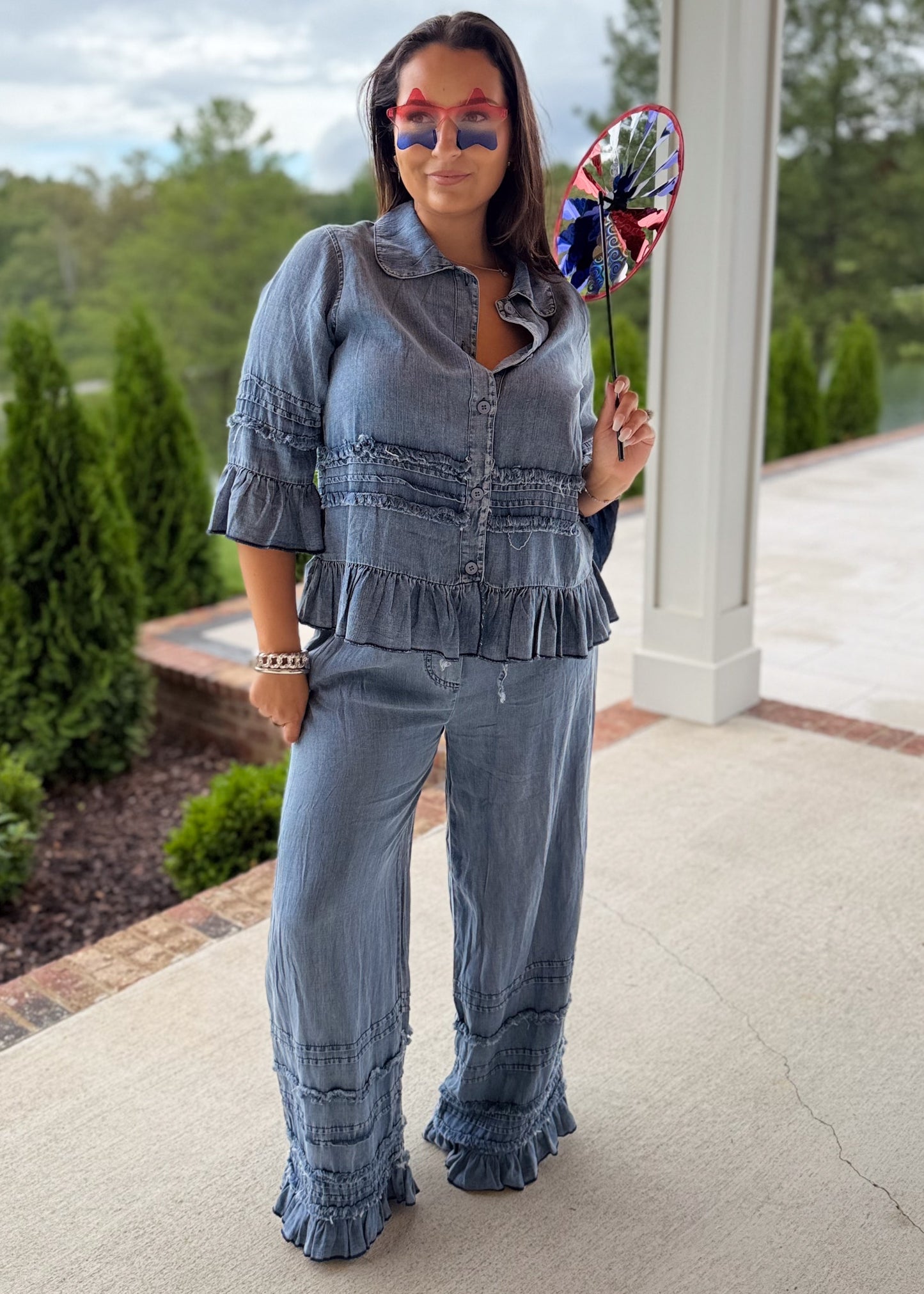 Ruffled Chambray Pants