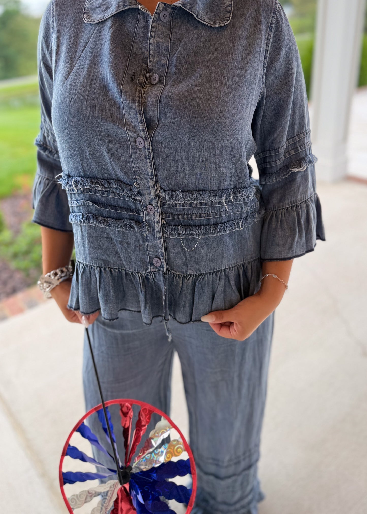 Ruffled Chambray Button-Up