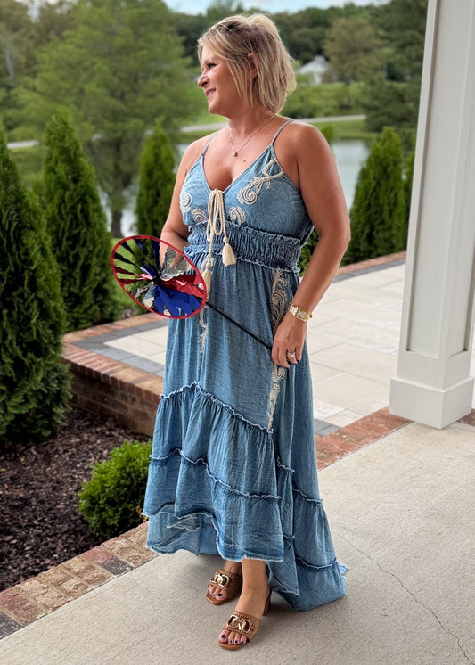 Western Muse Denim V-Neck Dress