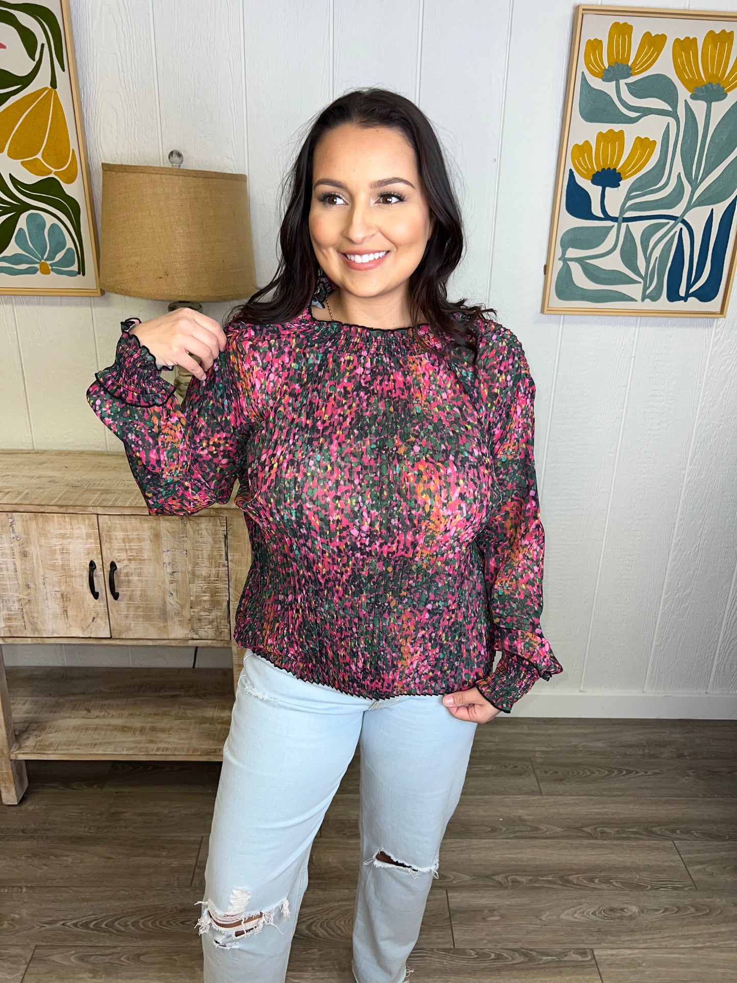 Midnight Bloom Pleated Top