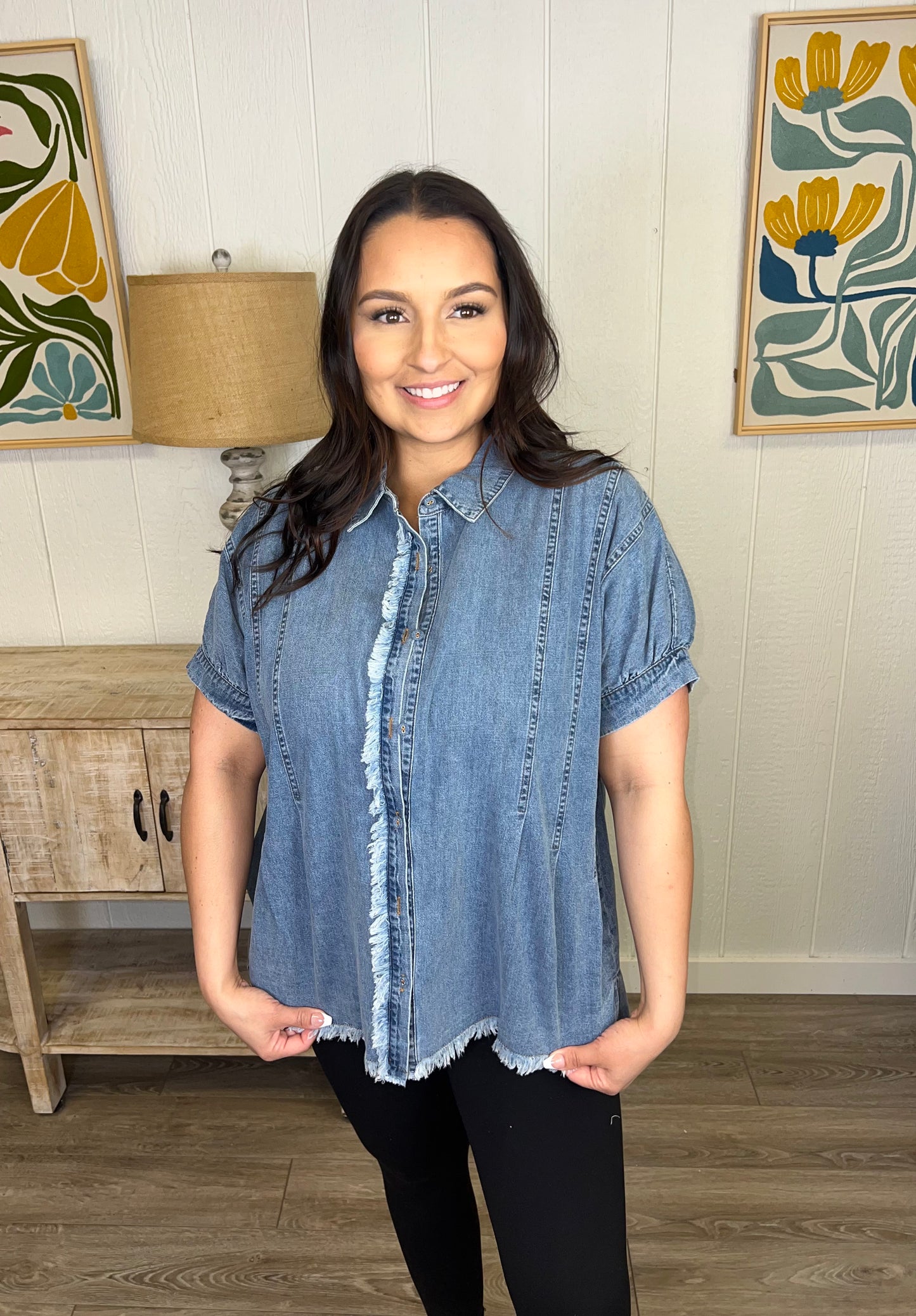 Fringe Detail Denim Button-Up