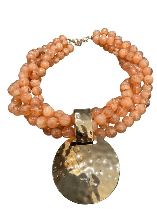 Multi Strand Beaded Necklace w/Hammered Disc Pendant