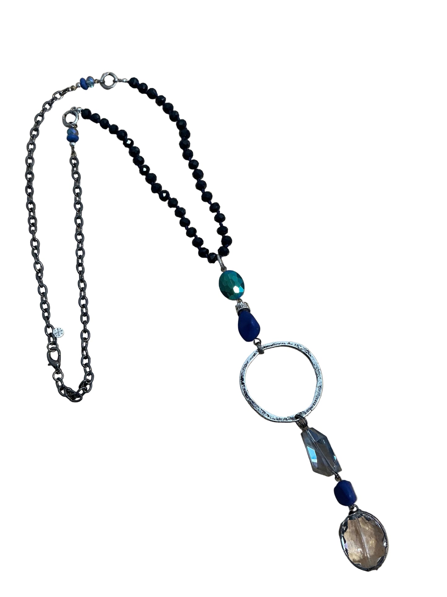 CHAIN/BEADED NECKLACE W/CIRCLE CHARM AND MULTI DANGLING CRYSTALS