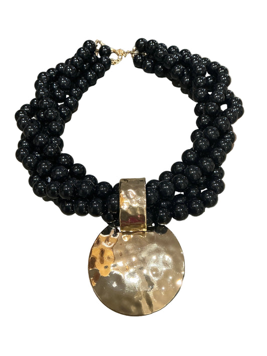 Multi Strand Beaded Necklace w/Hammered Disc Pendant