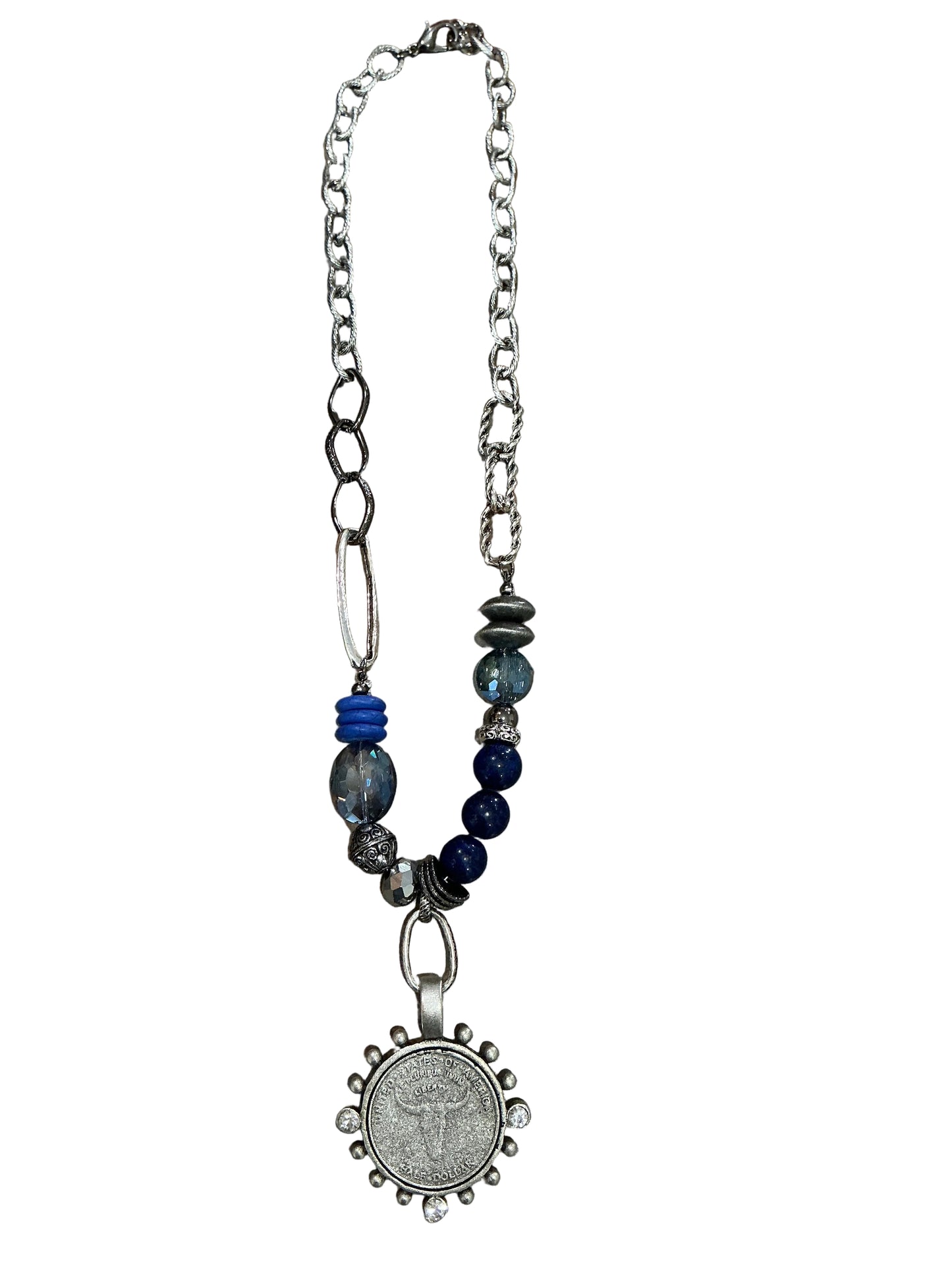 SILVER AND BLUE BEADED NECKLACE WITH SILVER LONGHORN PENDANT