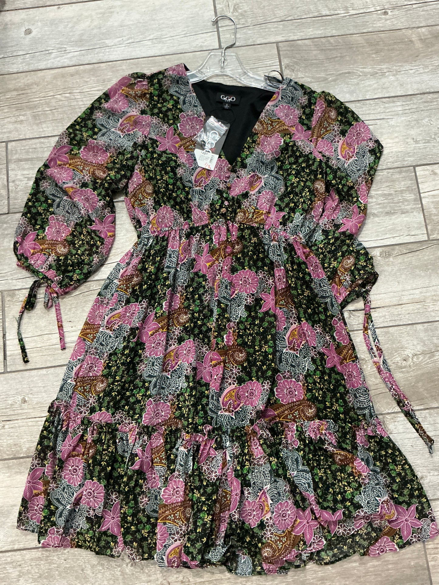 (TA2449 FLORAL RUFFLE DRESS W/TIE ON SLV