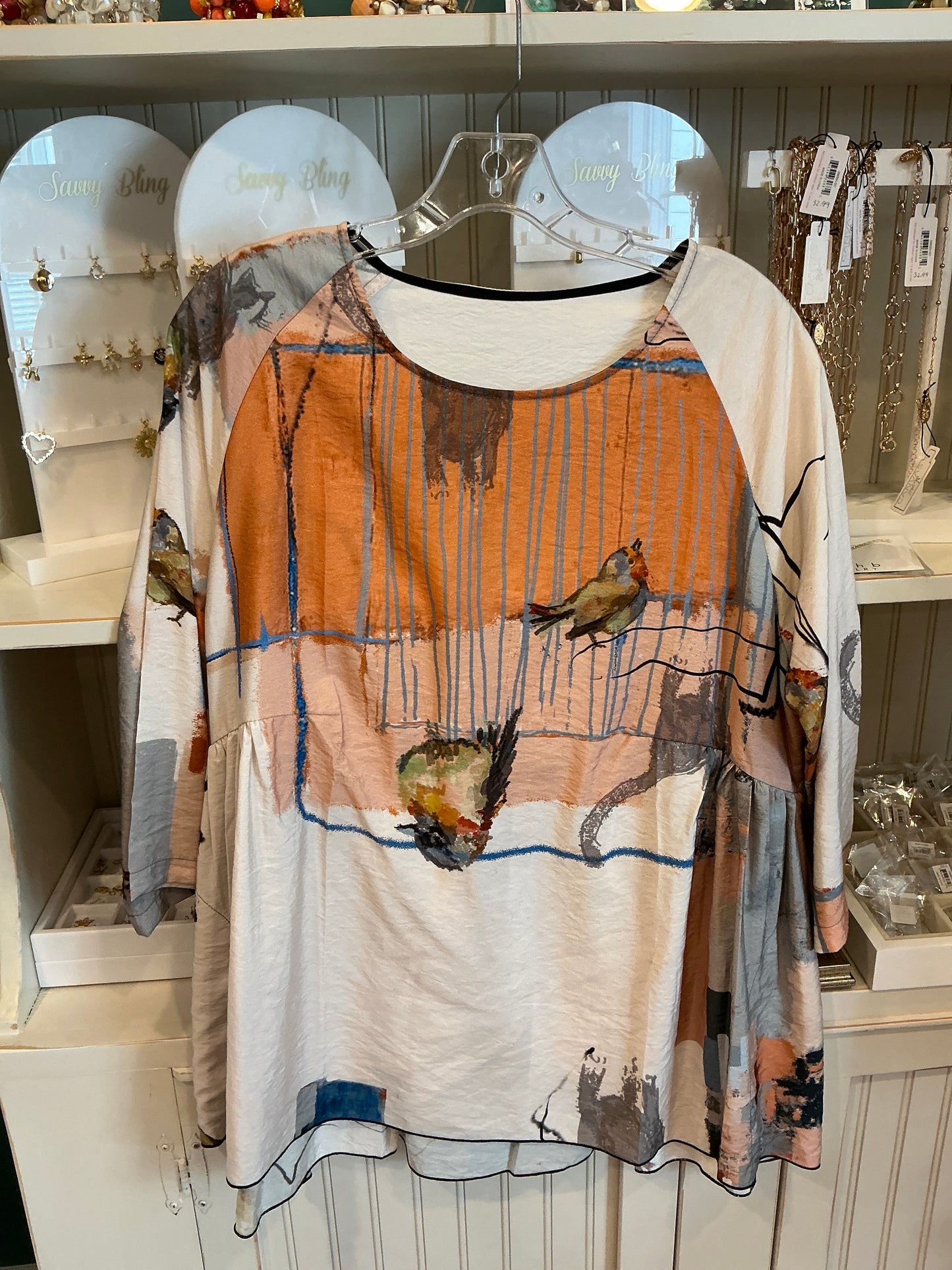 Three Potato Meadow Cat and Bird Print Top