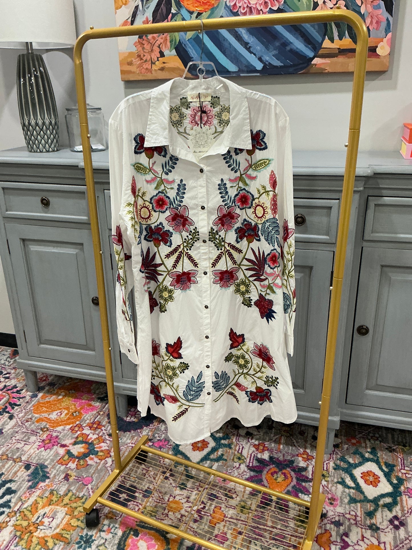 EMB WHITE LONG SLV DRESS