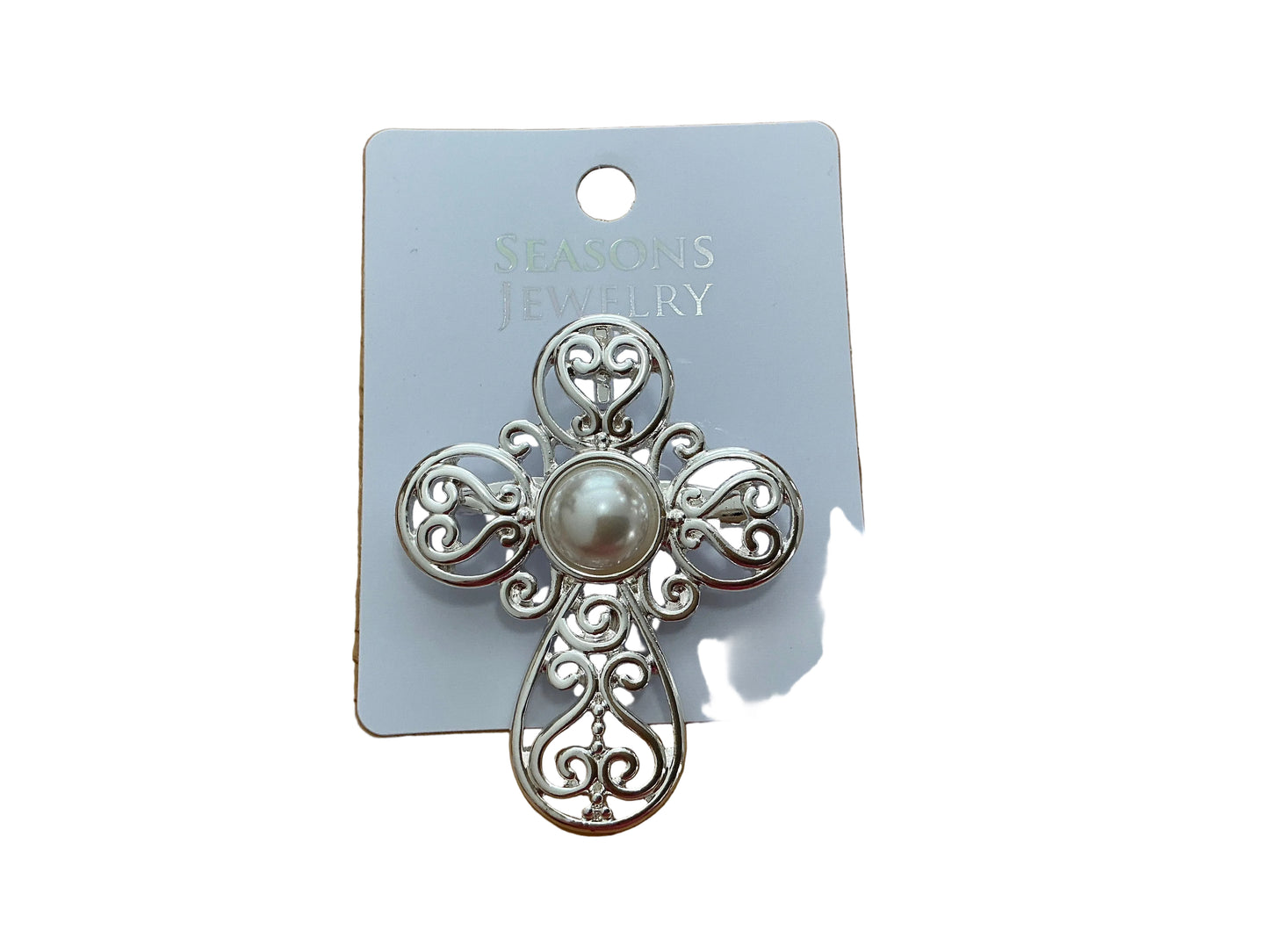 SLV FILIGREE & PEARL CROSS PENDANT/PIN