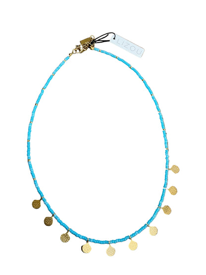 COLORFUL SEED BEAD AND GOLD FAN NECKLACE